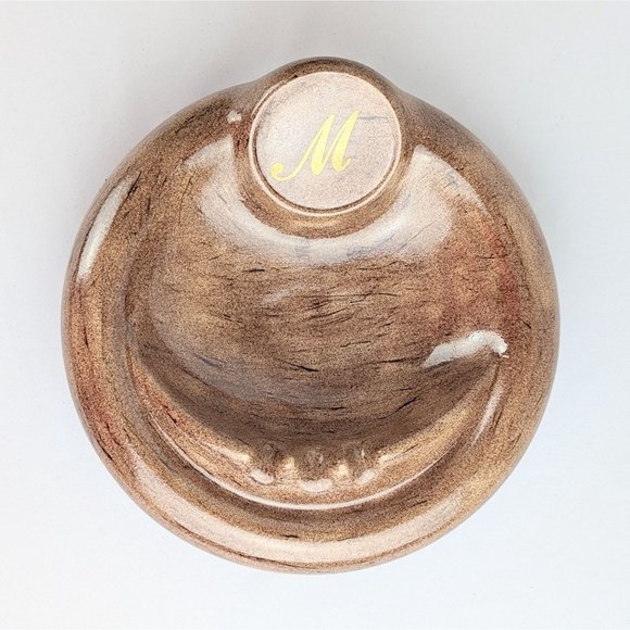 Large 9" Round Tan Ceramic Ashtray Gold Monogram M Dresser Cigar Bowl Catchall - Picture 2 of 10